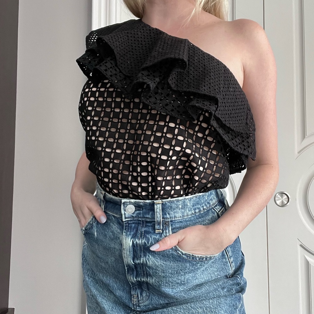 J. CREW Black Eyelet Lace One Shoulder Top